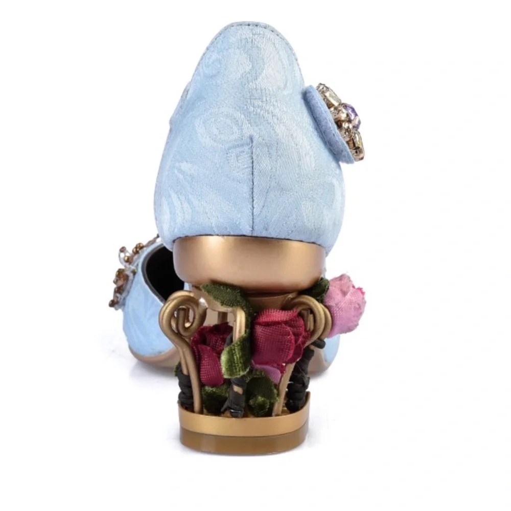Handmade Blue Brocade Crystal Cage Shoes - Picture 8 of 10